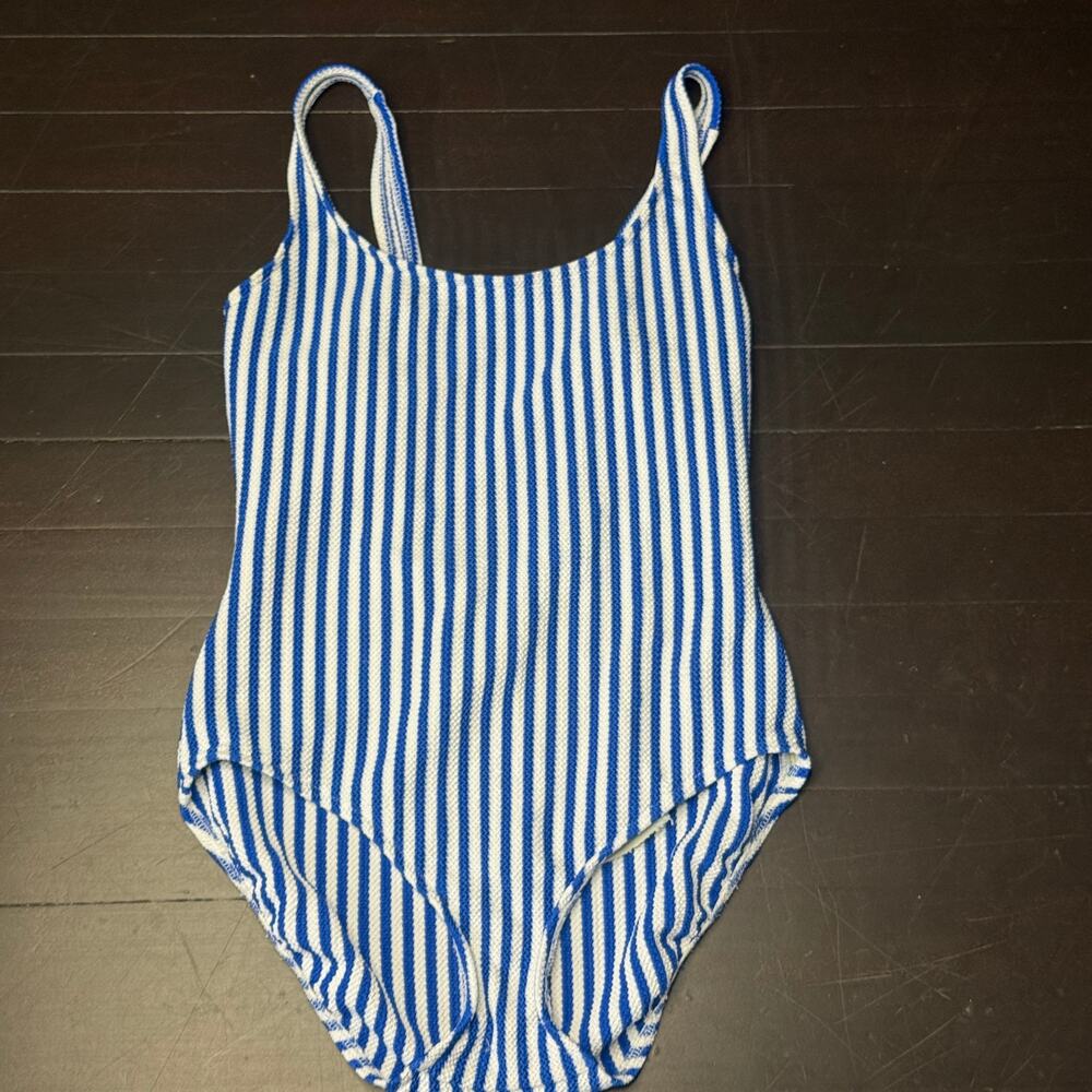 Vintage Lands End Blue White Stripe One Piece Swimsuit Size 14 Made in USA